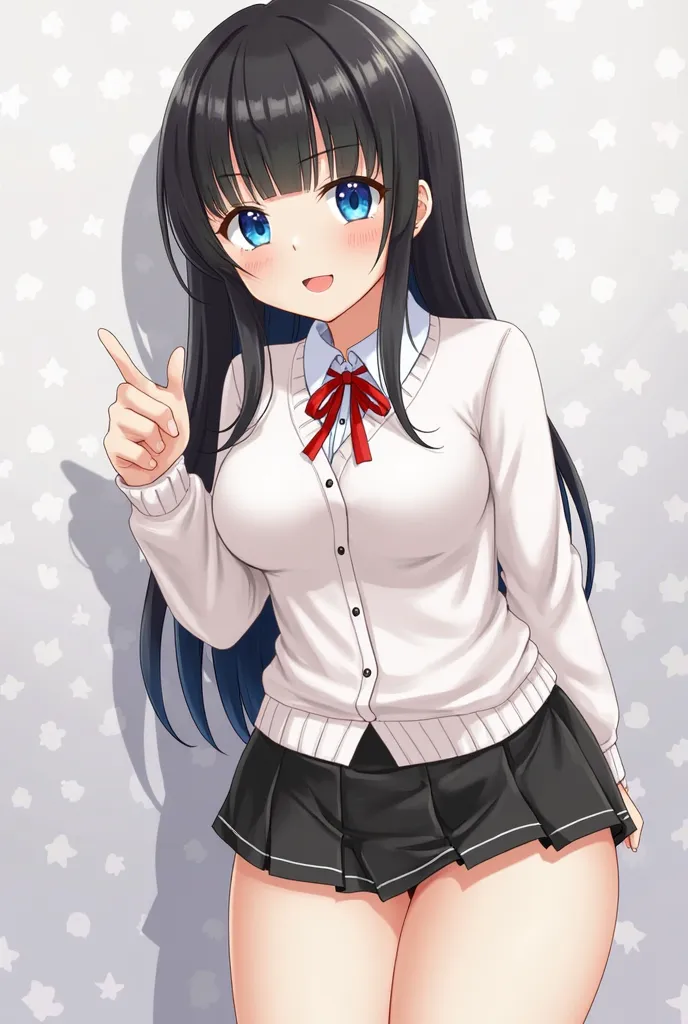 1 girl, It's because of Rikkata,  blue eyes,   black hair, long hair, bangs, , white cardigan, black miniskirt,  red ribbon, Orange List Scrunchy, Big Breasts、huge ass、 Very thick thighs 、Sexual smile、 Bitch、prostitution、masterpiece:2, Hi-Res、high image qu...