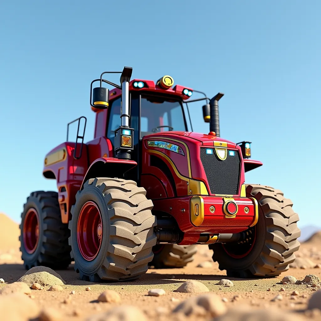 Ful altra hd image,""A powerful JCB machine designed with an Iron Man theme, featuring a sleek red and gold metallic color scheme. The cabin is inspired by Iron Man's helmet design, with a glowing arc reactor detail on the side. The front loader arms and r...