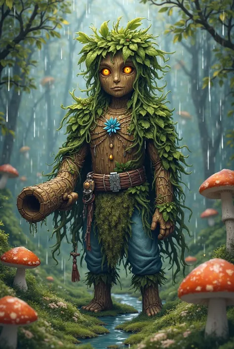 A wooden man, he has hair made of leaves, his whole body is made of wood. He's wearing a moss coat with a blue flower on his chest, a shirt made of spiderwebs, his arms are covered with moss and mushrooms. He's wearing a belt with several potions, he's wea...