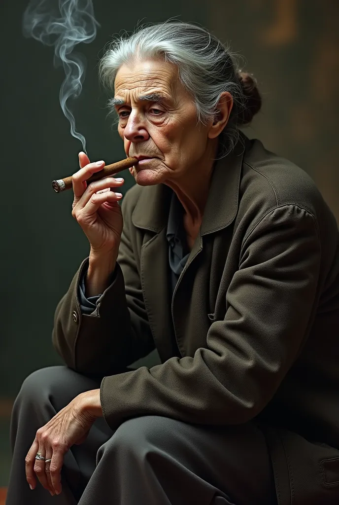 An old woman sits cross-legged, frowning, smoking a cigar.