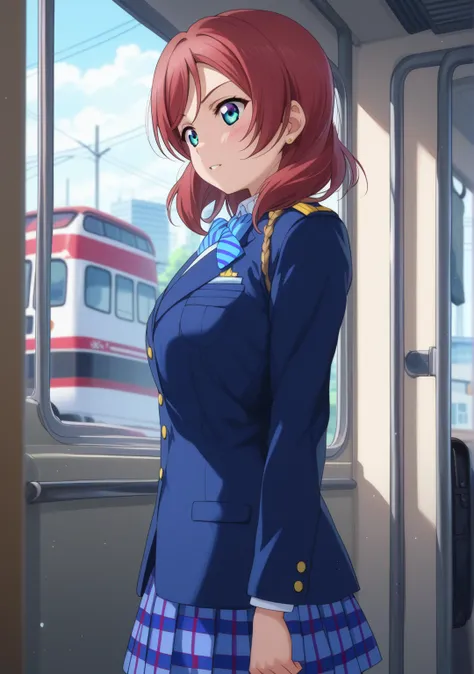 ４Ｋimage quality、exhaustive、nsfw、five fingers、Maki Nishikino、perfect detail、Love Live、Big Breasts、 in the train、 is wearing a uniform、is being molested、Expression of Fear、