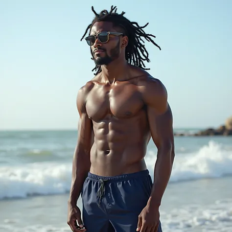 generate a very realistic full from head to toe photo of a 6 foot 3 athletic muscular black man who is light in complexion has dreadlocks standing near the beach wearing a navy blue beach short and navy blue shirt with sun glasses on