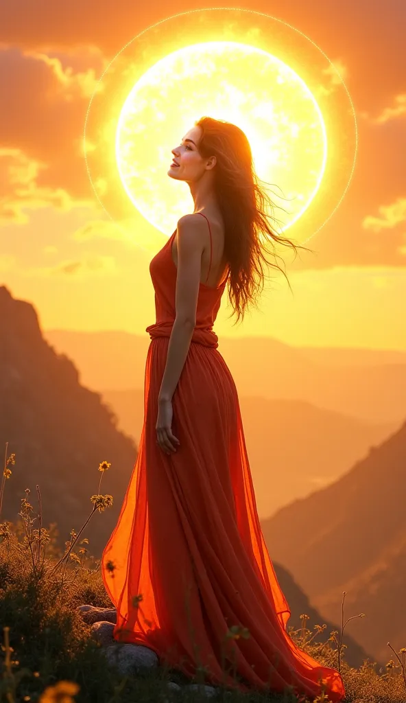 "Aries woman, energetic, brave, and free-spirited character. Standing strong and determined under the morning sun, taking deep breaths. Golden light rays, positive energy, and a protective aura surround her. Background features a natural landscape with mou...