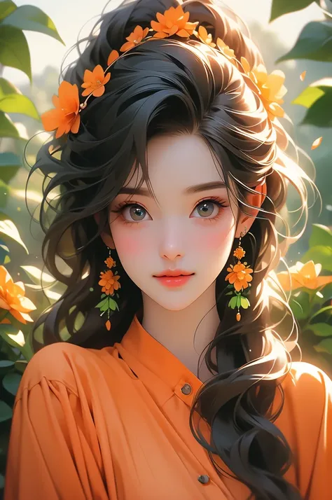 woman with orange shirt and orange flower in hair in front of green flower wall,  1girl , alone, flower, jewelry, hair accessories,  Earrings, hair flower,  red nails , Smile,  long hair
