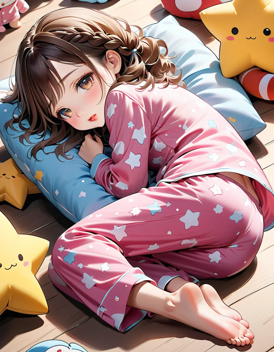 ((full body,   from behind , rear view)),　((Sleep while hugging a stuffed animal of a character with a big yellow star :1.5、Deep Sleep:1.5、(( Chibi Girl:1.5))))、 Highest quality 、 detailed background 、    beautiful face down to the smallest detail  、   ana...