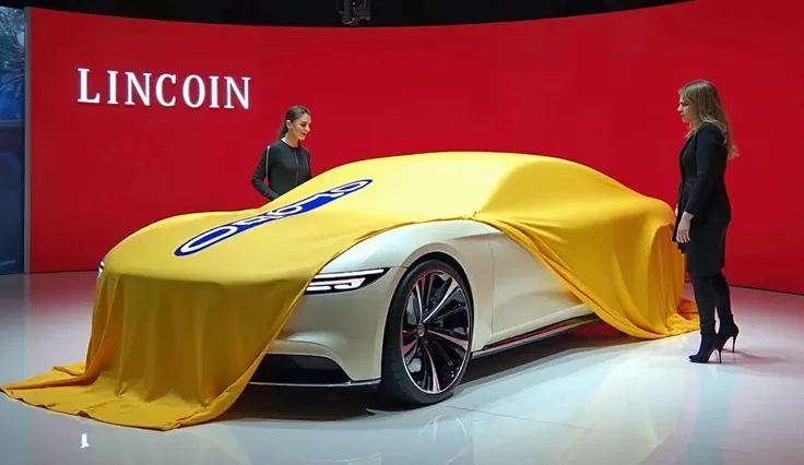 A sleek, modern (2025 Lincoln L100 concept) taking center stage in a showroom, partially covered with a (yellow) and (yellow) cloth displaying a prominent (blue) logo, being unveiled by two people. The car is a vibrant (cream) with a streamlined design, po...