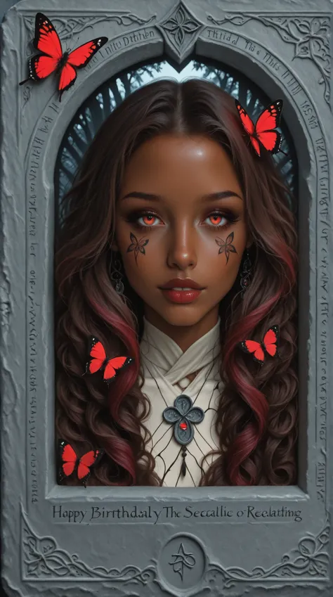 Beautiful negroide african american woman wth a light tan and long curly brown hair, covered with colored tribal tattoos, red butterflies, ultra realistic, ultra detailed. The decayed material enveloping her contrasts sharply with the vibrant colors of the...