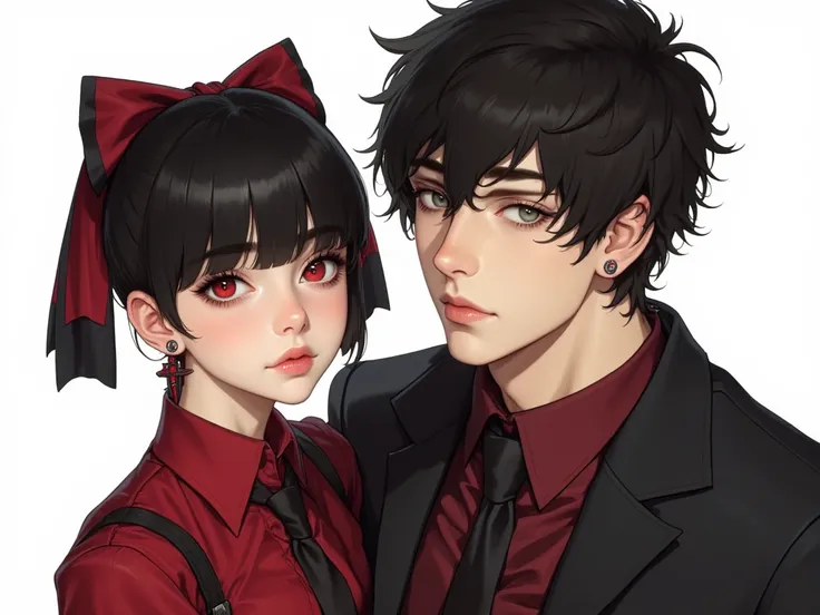 An 18-year-old girl with short black hair tied up, red eyes, wearing a red and black suit and a red and black bow tied in her hair, is an anime mafia, wears cross earrings, and a 30-year-old man, tall and handsome, broad shoulders, messy black hair, green ...