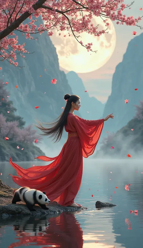 Chinese beautiful woman in red practicing Tai Chi with panda peach flower petals falling down, moonlit Magical, Fantasy, enchanting"