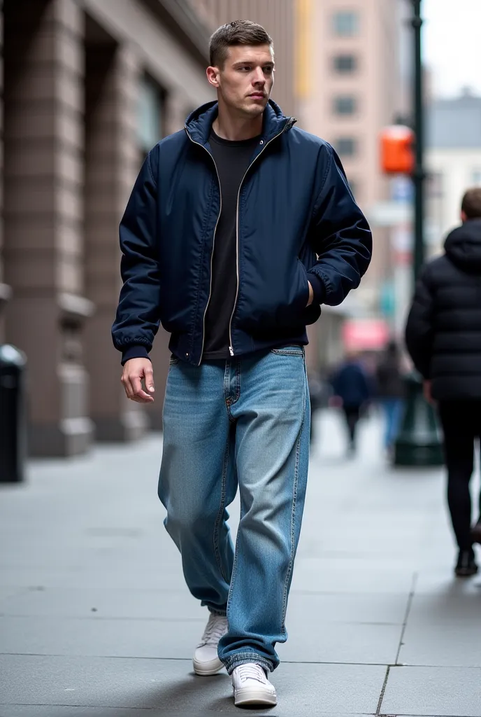 A dark navy blue bomber jacket is slightly loose on his shoulders, while the light blue loose-fitting jeans underneath look a little wrinkled and worn. On his feet are plain white sneakers that are worn out but still wearable. It's obvious that he's been w...