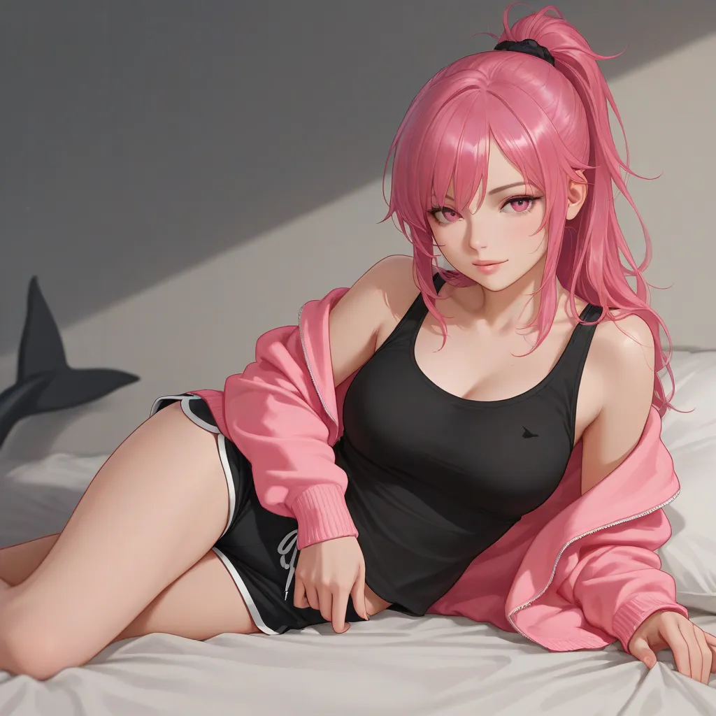 1 female,20s woman, pink hair,ponytail, long hair,pink eyes,Cardigan, black tank top ,black dolphin_shorts,top quality,걸작,seductive pose,alluring pose, bed,jack-o' challenge