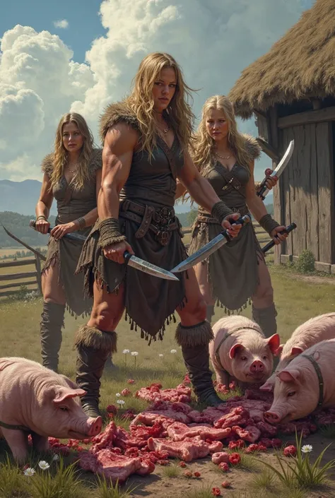 Sexy viking women butchering pigs in farm 