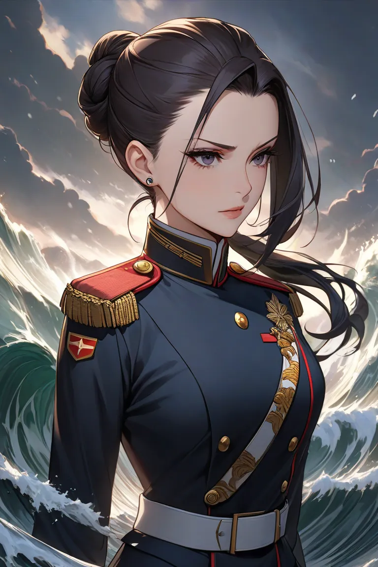 A commanding woman in a meticulously pressed general’s uniform, radiating authority and control. Her dark hair is sleekly styled, either pulled back into a tight bun or falling in sharp, disciplined waves. Her piercing dark eyes hold a cold, calculating ga...