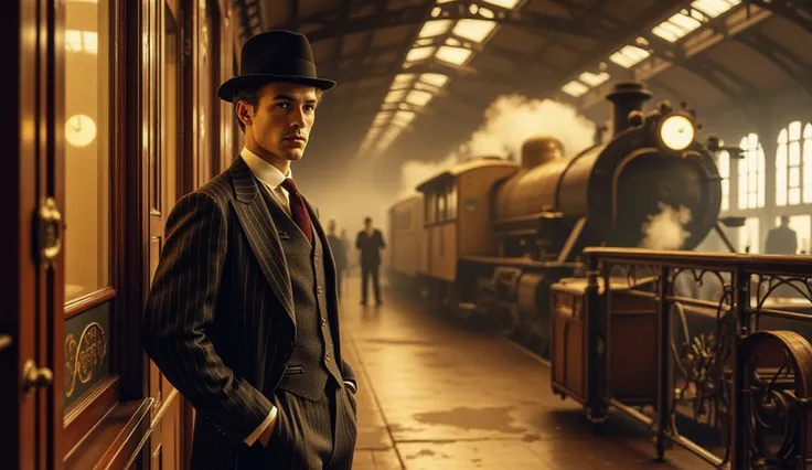 cinematic scene set on the platform of a 1930s Parisian train station. A handsome young man stands near the door of a vintage train carriage, gazing intently at a window inside the wagon. The atmosphere is bathed in warm golden and amber tones, with soft a...