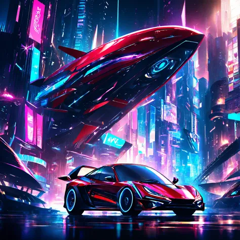 High resolution, Ambient dark city, Mecha red car, anime atmosphere , fantasy style, digital painting, vivid colors