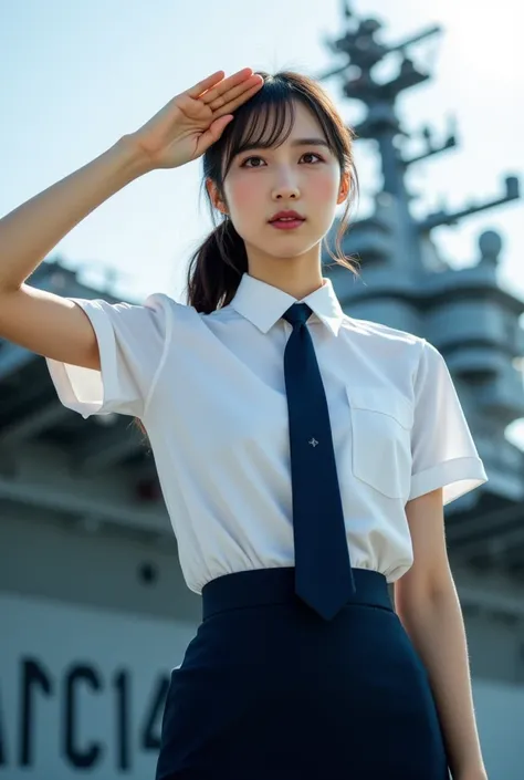 Sexy beautiful Japanese woman, a self defense officer uniform, wearing a white short-sleeved shirts, navy blue tie, navy blue pencil skirt, Black patent high heels, beautiful hip-line, Beautiful thighs, She raises her right hand in salute, Above an aircraf...