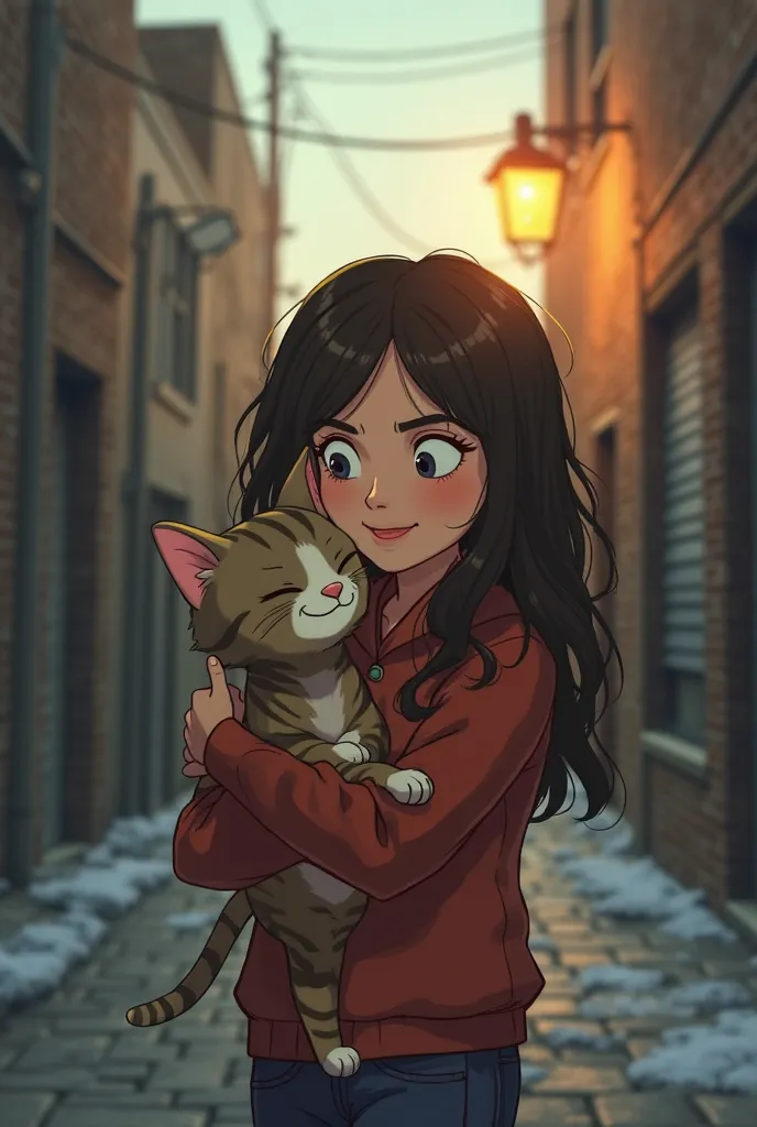 "Emily holding Whiskers in her arms like a baby, walking through the alley with a soft smile on her face. The cat looks comforted and secure in her arms, with a gentle, trusting expression. The alley looks less cold, and there’s a slight golden light from ...