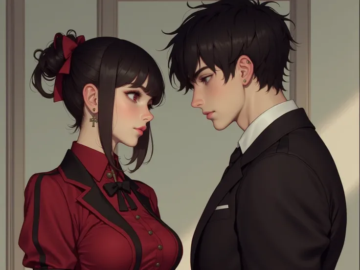 An 18-year-old girl with short black hair tied up, red eyes, wearing a red and black suit and a red and black bow tied in her hair, is an anime mafia, wears cross earrings, and a 30-year-old man, tall and handsome, broad shoulders, messy black hair, green ...