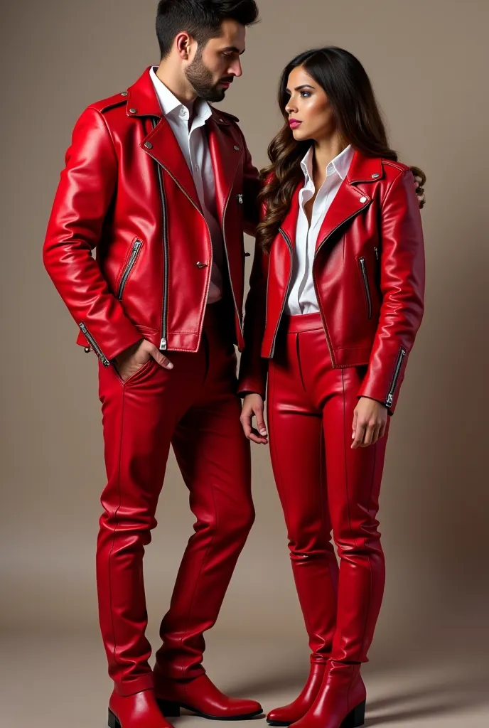 1man, and 1girl,   man dressing red boots red color biker leather jacket red leather pants formal white shirt girl dressing red color long boots red leather jacket red leather pants formal white shirt 