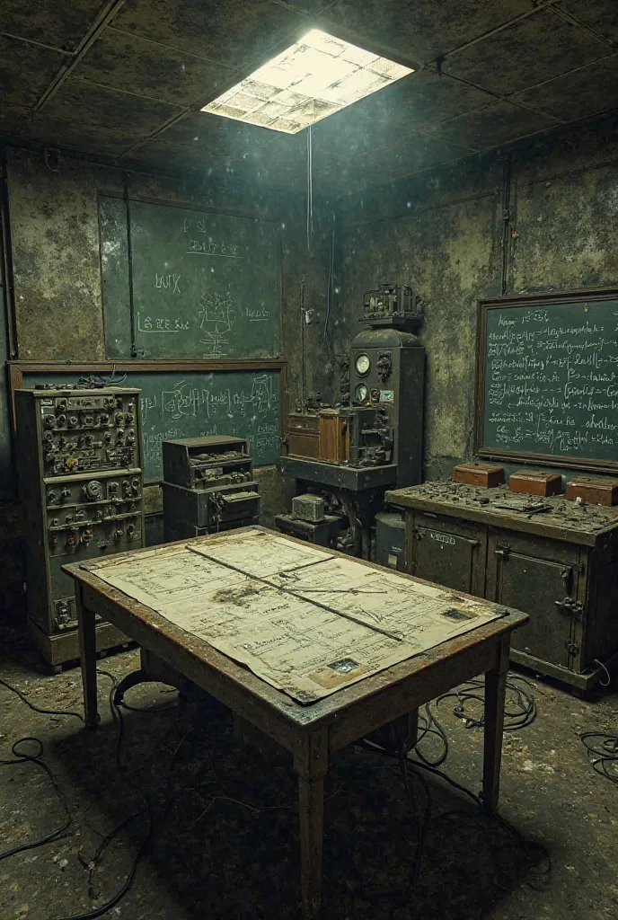 A secret military laboratory from the 1940s, hidden underground. old machines, scattered wires and a blackboard full of mysterious equations. In the center of the room, is a table with diagrams detailing an unusual experiment. The environment has dust in t...