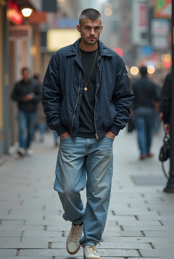 A dark navy blue bomber jacket is slightly loose on his shoulders, while the light blue loose-fitting jeans underneath look a little wrinkled and worn. On his feet are plain white sneakers that are worn out but still wearable. It's obvious that he's been w...