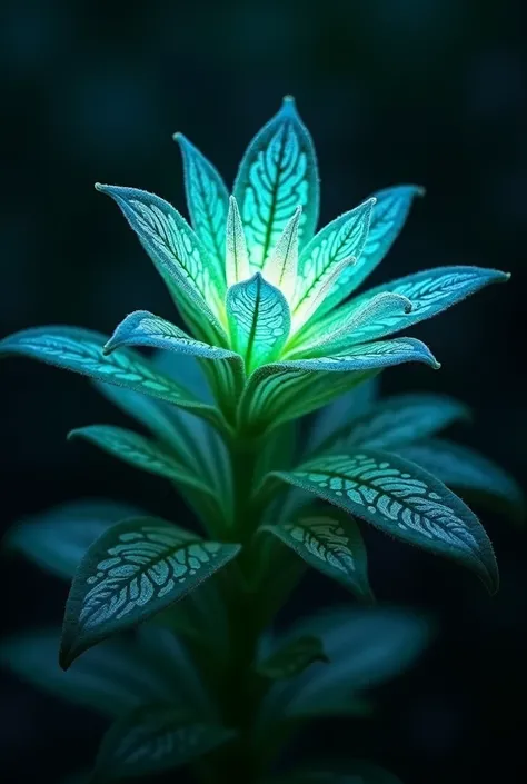 "A glowing magical plant with intricate patterns on its leaves. As it senses movement, the patterns softly light up in blue and green hues. The plant reacts to touch, emitting a gentle shimmer. Its petals slightly curl inward as if responding to energy. Th...