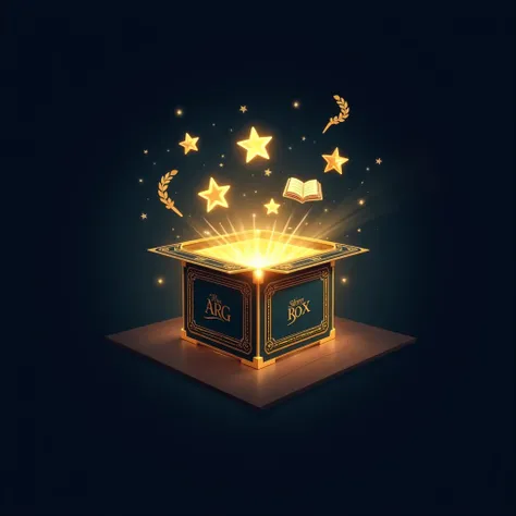 "Creative logo for a YouTube channel called 'The ARG story box'. The image shows an open magic box, with gold lights and story symbols escaping from it (books, plumes, stars, parchemins). The background is a gradient between midnight blue and gold, evoking...