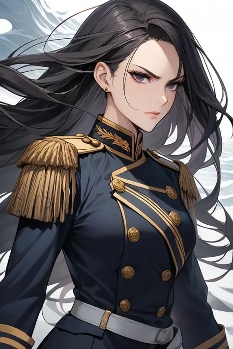 A commanding woman in a meticulously pressed general's uniform, radiating authority and control. Her dark, long hair falls in sharp, disciplined waves around her shoulders. Her piercing dark eyes hold a cold, calculating gaze that can make even the bravest...