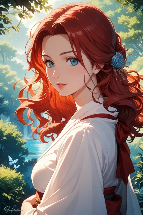 beautiful woman under hoodie、anime style、long red hair、 fantastic background around the face、dreamy atmosphere、Soft Focus、 detailed clothing、Ghibli style feeling