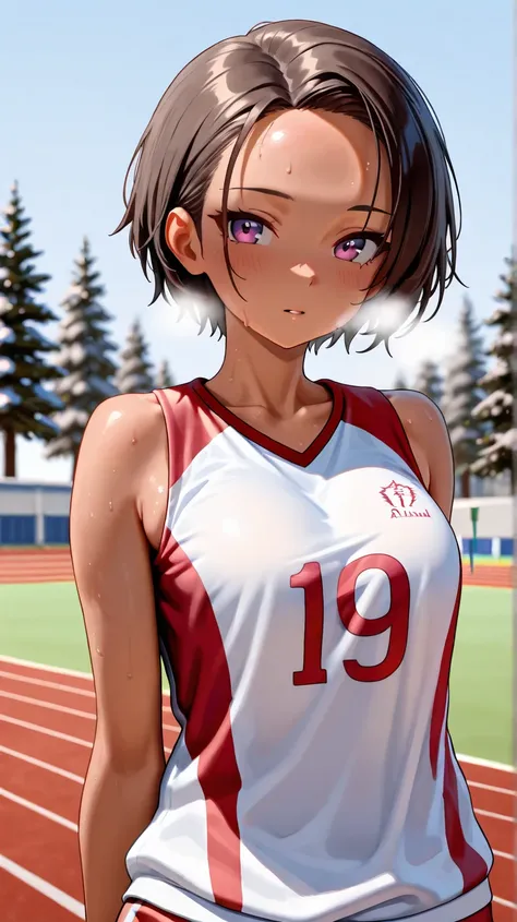 girl standing  in track and field uniform, short hair, forehead visible, tits revealed , winter, outdoor, detailed portrait, high quality, a whole body, 