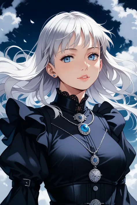 beautiful girl、anime style、Long silver hair、Gothic Background、mysterious atmosphere、clear facial features、High level of detail、Fantastic Style、Ghibli