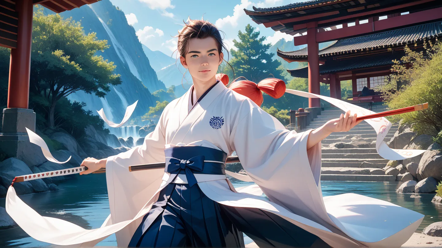 Put a white kimono and a dark blue hakama on the character you made the day before, make an image of him holding a kyudo bow, and face it head-on