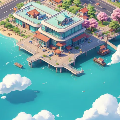 水上有船和汽车的Small cities的插图, 等距游戏艺术, ultra-detailed colored lowpoly art,  Mobile game art ,  eye-catching detailed art style ,  detailed 2D illustrations ,  detailed game art ,  Incredibly isometric screenshot , art with too much detail,  isometric projection ...