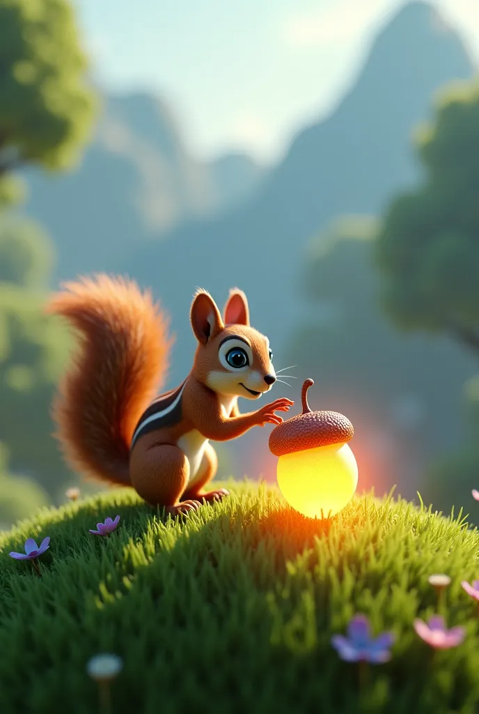 Make a 3d squirrel that discovered a glowing acorn atop mystical hill