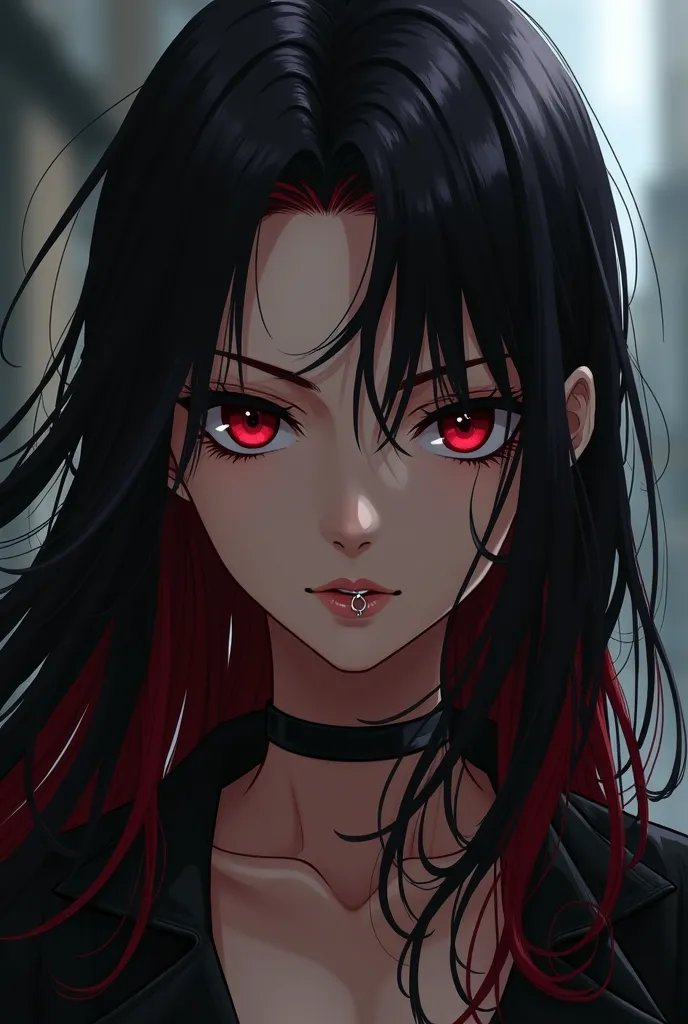 I want a character in the style of Tokyo Revengers, She has long black hair and red highlights, Her eyebrows are white and she has a ring piercing in her mouth