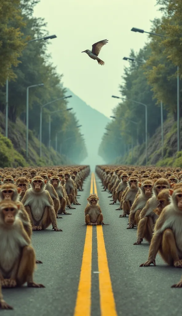 The image features a surreal scene of hundreds of monkeys sitting in a perfectly organized manner on a paved road with a yellow dividing line. The road stretches into the distance, flanked by steep, tree-covered embankments and rows of tall streetlights. T...