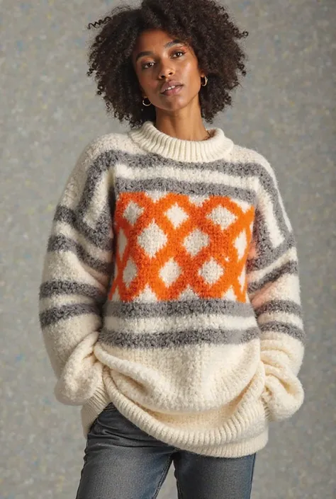 White gray stripe in an oversized sweater with an orange pattern