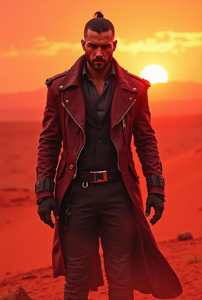 A man who has both side like bad or good stand in hot red desert and outfit is like cyberpunk man and he see the desert 