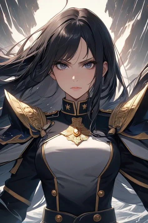 A commanding woman in a meticulously pressed general's uniform, radiating authority and control. Her dark, long hair falls in sharp, disciplined waves around her shoulders. Her piercing dark eyes hold a cold, calculating gaze that can make even the bravest...