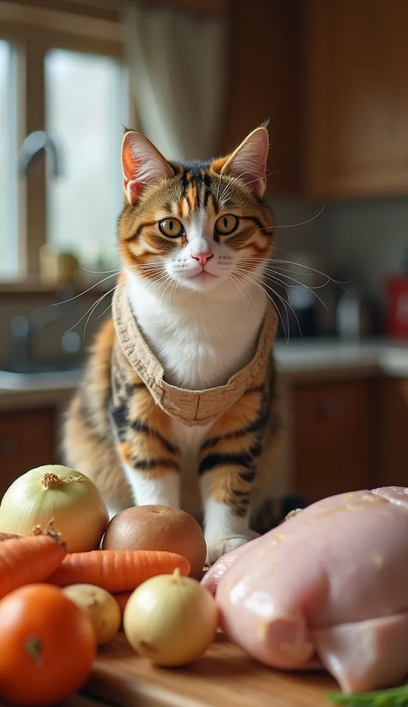 A real-life calico cat wearing a small apron, standing on a kitchen counter, preparing ingredients for cooking. The cat is surrounded by onions, carrots, potatoes, and raw chicken on a wooden cutting board. The kitchen has a warm and cozy atmosphere with s...