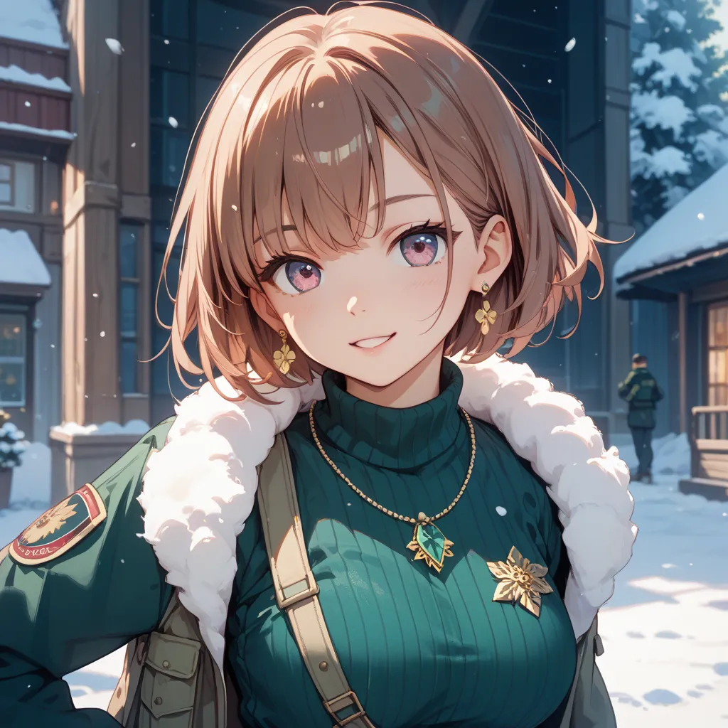 One Woman、pink brown bob hair、 cute、Sister、 Green Pendant 、 yellow earrings、Military cold protection、cold weather background