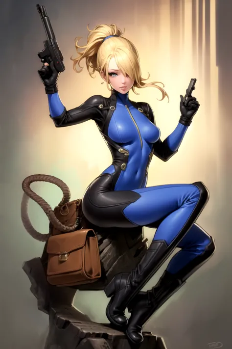 1girl, solo, long hair, breasts, blonde hair, gloves, medium breasts, sitting, ponytail, weapon, boots, bag, hair over one eye, gun, bodysuit, handgun, riding, saddle, masterpiece, best quality, highly detailed