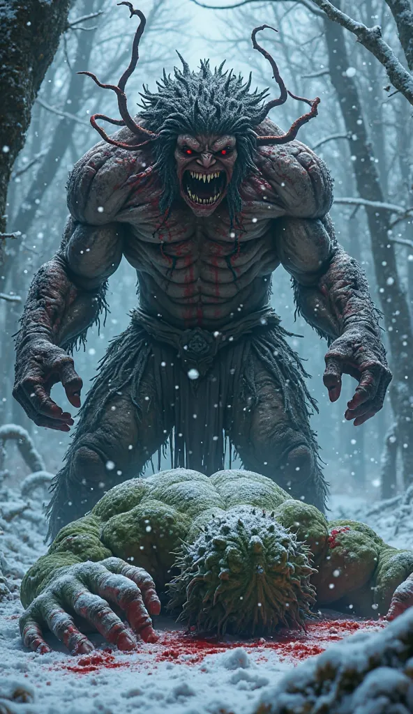 "A fierce battle in a dark, frozen forest. Knull stands victorious, his towering frame covered in battle scars, his mouth twisted into a triumphant, sinister grin. His piercing red eyes reflect dominance as he places one blood-stained tendril over his fall...