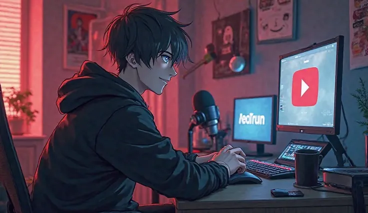 Create a anime boy who have a  mature looking like a man facing in front  he is a  YouTube content creator, sitting in his studio with futuristic gadgets, and there is mic near him ,wearing black hoodie, smiling, and there is 2 posters of youtube in his ro...