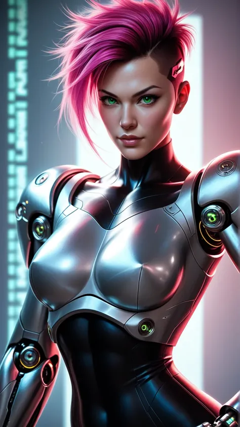  A 3D anime style woman with pink punk hair and green eyes, white robotic chest and robotic arm. cybernetic laboratory background. ((3/4 body image)), body looking forward