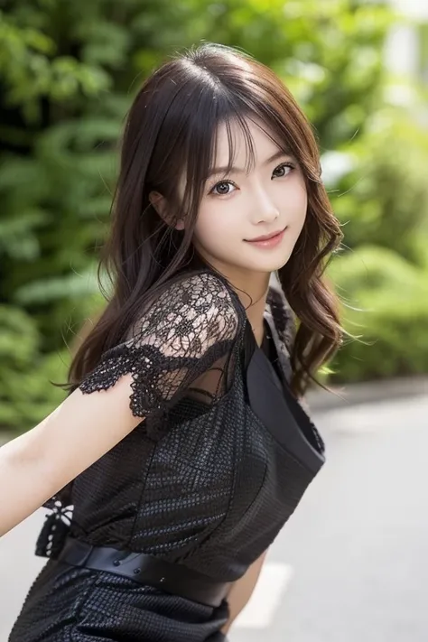 A Japanese model is wearing a black dress and posing for a photo,  gorgeous dress ,  cute Japanese model ,   lace dress, looking at the camera、beautiful eyes in every detail 、 cute smile up to the knee、 Gentle and gentle expression  