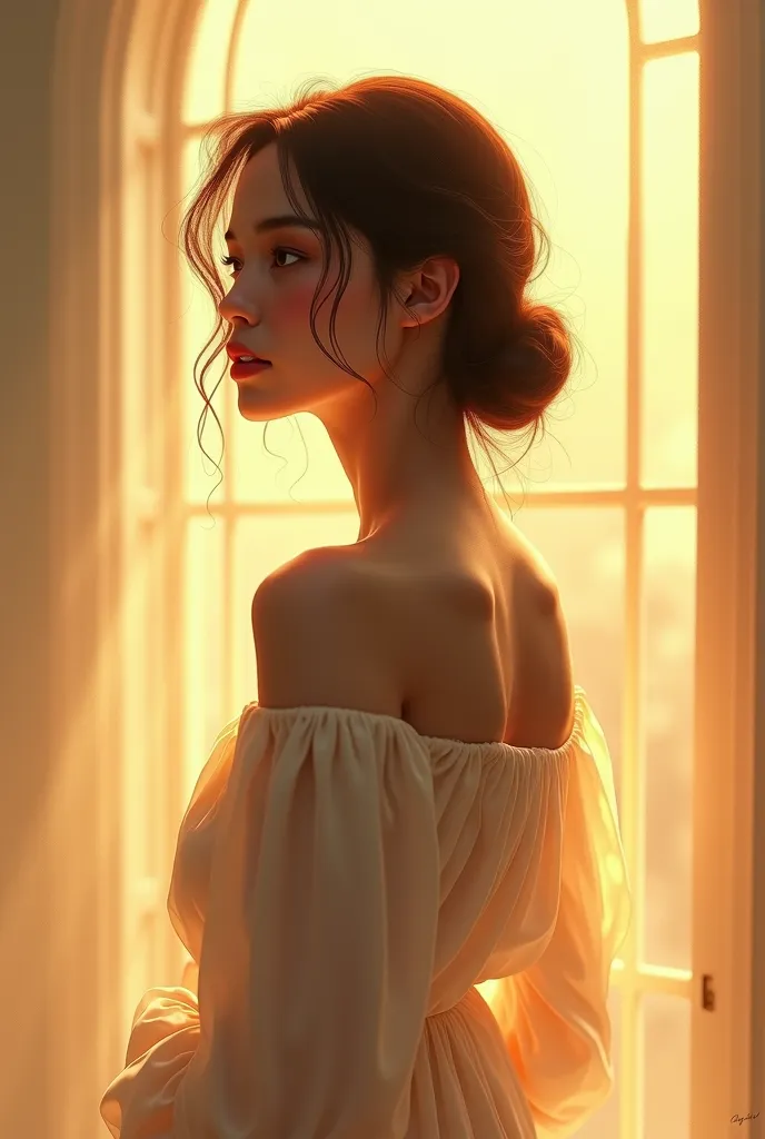 remove that sun on the background, put sunbeams that is hitting her—making her glowy or dreamy. and her dress is not that revealing.