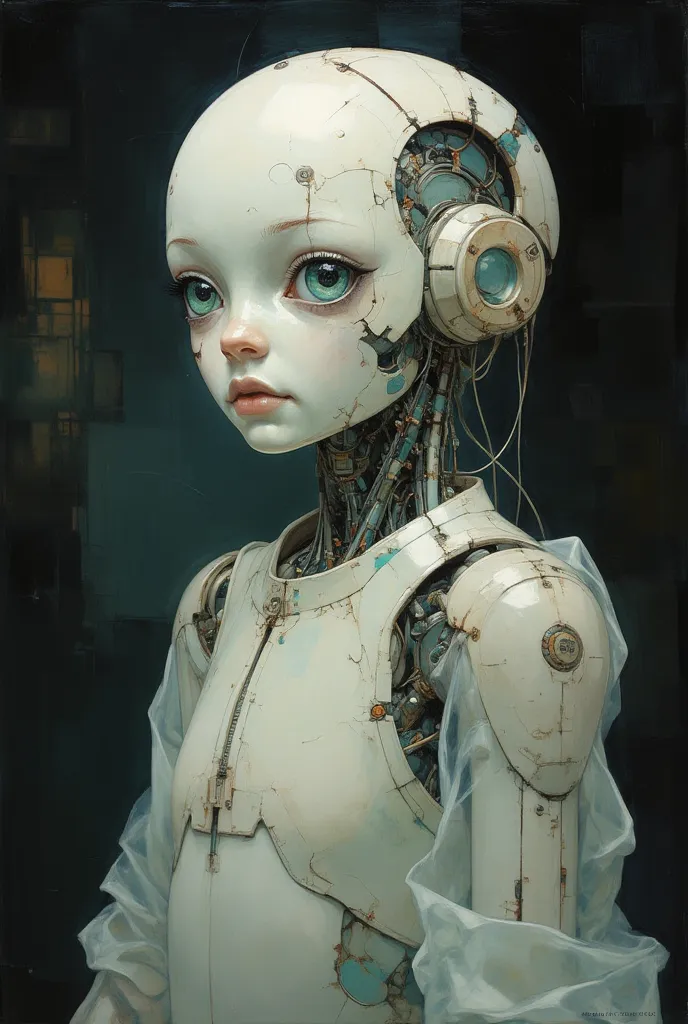 Full length view. Little funny robot, porcelain face and head, big turquoise eyes, perfect eyes, top quality style. A beautiful cinematic impressionistic picture, a dark dramatic character, in the style of Jeremy Mann and Charles Dana Gibson, Mark Demstede...