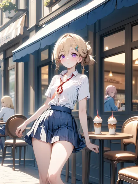 super cute  girl, ( amazing atmosphere :1.2), navy blue plaid pleated skirt, Unbuttoned White Shirt, (purple eyes:1.1),  ( dark blue high socks:1.1),  slim waist , ( slim and beautiful legs :1.4), blonde hairstyle, high school girl, double sided updo,  hai...