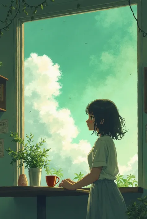 one person,  dark hair, 白色连衣裙, Coffee Shop, 侧边的黑猫、窗外桌子 、outside the window is the Green soda-colored sky, White Cloud, Green, Nostalgia, summer, (watercolor:16,9)、 side, Silhouette, Look up from below 